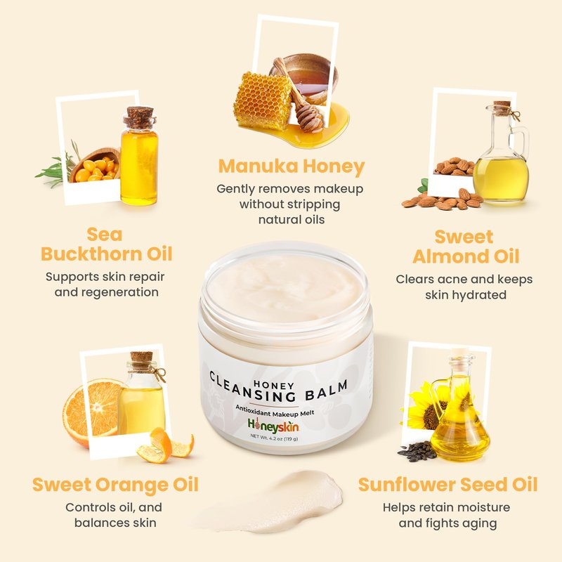 Honeyskin Honey Cleansing Balm Makeup Remover - Face and Eye Makeup Remover for Sensitive Skin Face Wash - Hydrating Facial Cleanser and Gentle to Face Makeup Melting Balm (4oz)