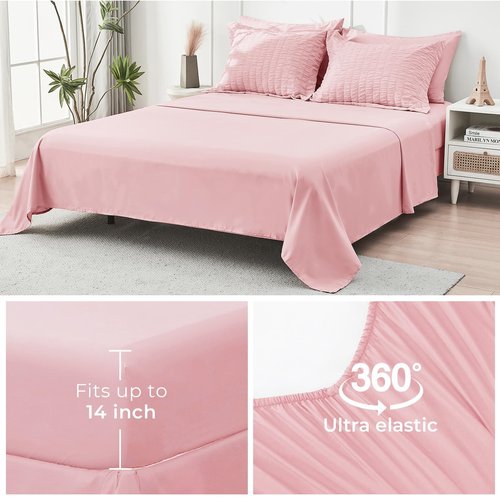 HYMOKEGE Pink Full Size Comforter Sets Seersucker 7 Pieces, All Season Luxury Bed in a Bag for Bedroom, Bedding Set with Comforters, Sheets, Pillowcases & Shams