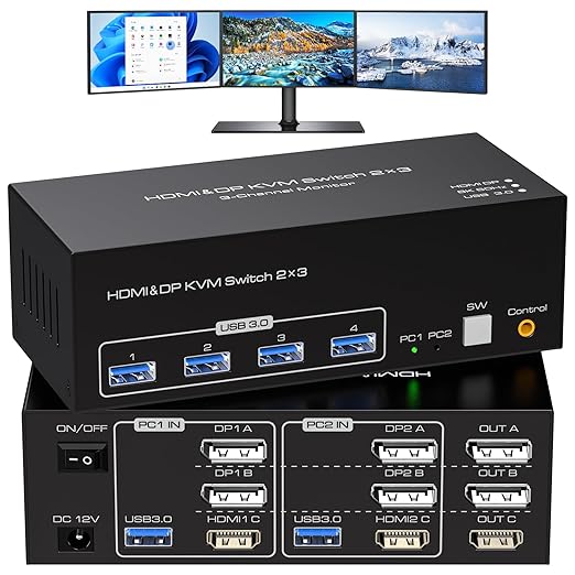 ATLAHET 8K KVM Switch 3 Monitors 2 Computers 8K 60Hz 4K 120Hz KVM Switches HDMI+2 Displayport for Two PC Share Triple Monitor
