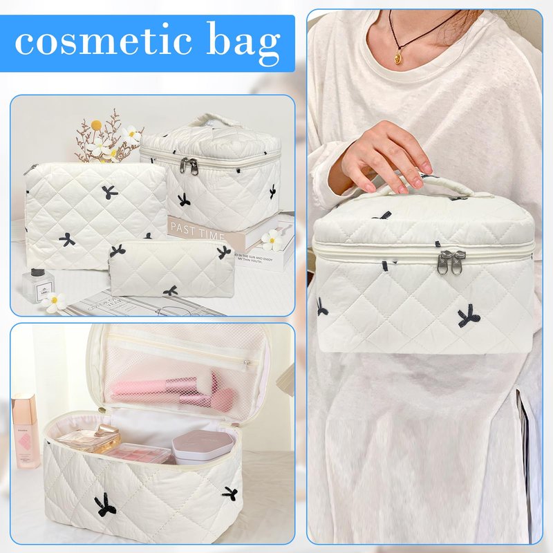 Cozomga Cute Cotton Quilted Makeup Bag Set, Large Travel Cosmetic Bag for Women, Big Make Up Bag with Toiletry Organizer, Aesthetic Storage for Daily Use & Travel