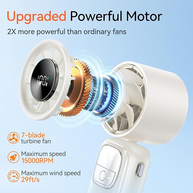 KIMMOO 3-in-1 Portable Handheld Turbo Fan-100 Speeds, 15000 RPM, 10Hrs Cooling, LED Display, 90° Rotation, Travel Fan, Mini Foldable Hand Held Personal Fan for Women Men (white)