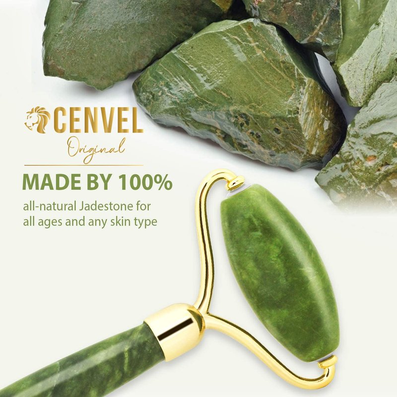 100% Real Natural Jade Stone Roller and Gua Sha Set with Vitamin C Serum | Great for Eye Puffiness Treatment, Skin Tightening, Anti Aging, Rejuvenate Face & Neck | Beauty Gift for Women (Green)