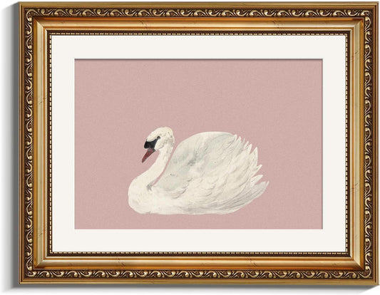 VIYYIEA Gold Framed Swan Canvas Wall Art - Vintage Pink Decor for Home, 14L x 11W