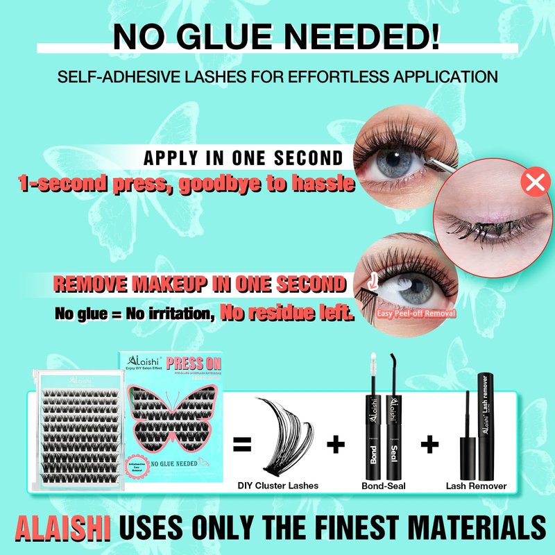 AILAISHI No Glue Needed Lashes, Self Adhesive Eyelashes, DIY Lash Cluster Extensions Kit 10‑18mm,120pcs Fluffy D Curl Soft Natural Lashes with Tweezers–Fake Cat Eye Wispy Individual Clusters 1-5-L