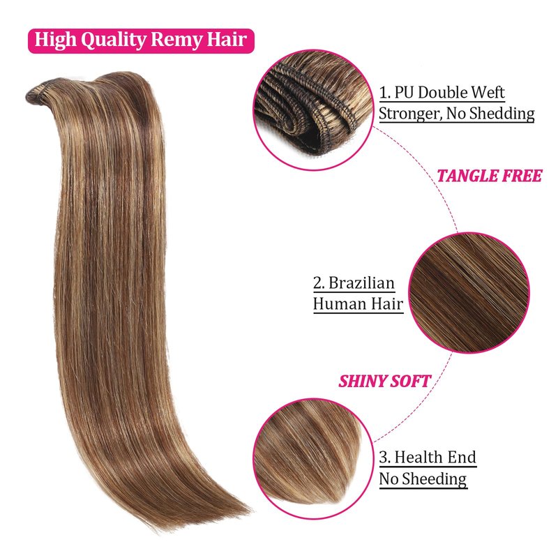 Clip in Hair Extensions Kinky Human Hair 110g Remy Human Hair Clip on Extensions 8pcs 18 Inch Soft Hair for Fashion Women 18Clips/Set Chocolate Brown to Honey Blonde Hair Extensions (#P427)