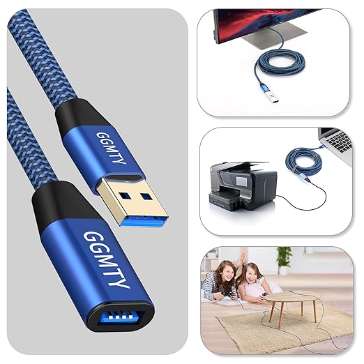 GGMTY [2-Pack USB 3.0 Extension Cable 3FT, Type A Male to Female Extender Cord, 5Gbps High Speed Data with 24/28 AWG Copper, Blue-Black Braided Sync Wire for PC, TV, Flash Drive, Keyboard, Mouse
