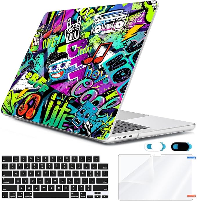HOHAIYOO Compatible with MacBook Air 13 inch Case 2026 2025-2022 M5 A3449 M4 A3240 M3 A3113 M2 A2681, Hard Shell&Keyboard Cover&Screen Film&Webcam Cover for MacBook Air 13.6 inch Case, Cool Graffiti