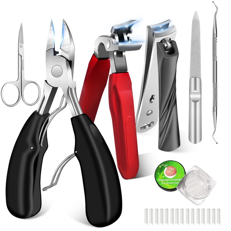 DUAIU 7Pcs Toenail Clippers for Thick Nails, Angled Head Large Nail Clippers for Senior, Heavy Duty Ingrown Toenail Clipper Sets with Wide Jaw, Sharp Nail Clipper Kits for Men and Women, Long Handle