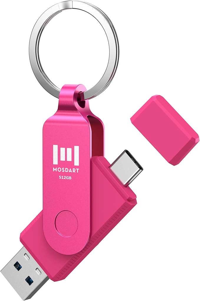 MOSDART 512GB USB 3.2 Fast Speed C and A Dual Flash Drive, exFAT Memory Stick with Keychain and LED Indicator, for iPhone 15,16,17, Android Phone, iPad, MacBook, and Other Laptops, Hot Pink