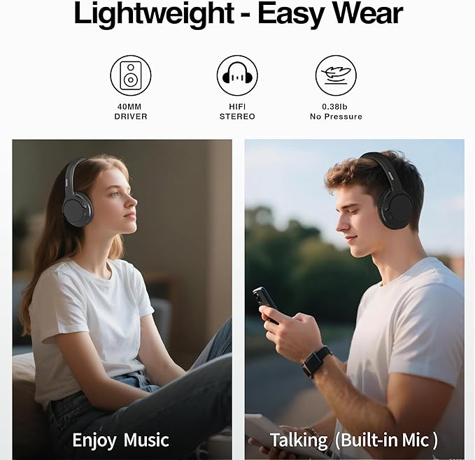 MIDOLA Bluetooth Headphones Over Ear 68H Playtime 6 EQ Wireless Headset with Microphone HiFi Stereo Foldable Lightweight Deep Bass for Travel Home Office Cellphone Black