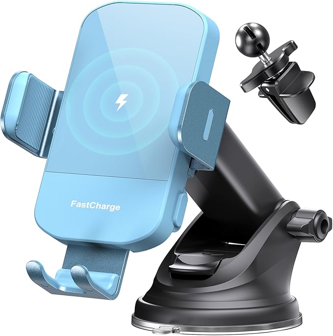 CHGeek Wireless Car Charger, 15W Fast Charging Auto Clamping Car Charger Phone Mount Phone Holder fit for iPhone 15 14 13 12 11 Pro Max Xs, Samsung Galaxy S24 Ultra S23 S22 S21, S20, S10+, Cyan