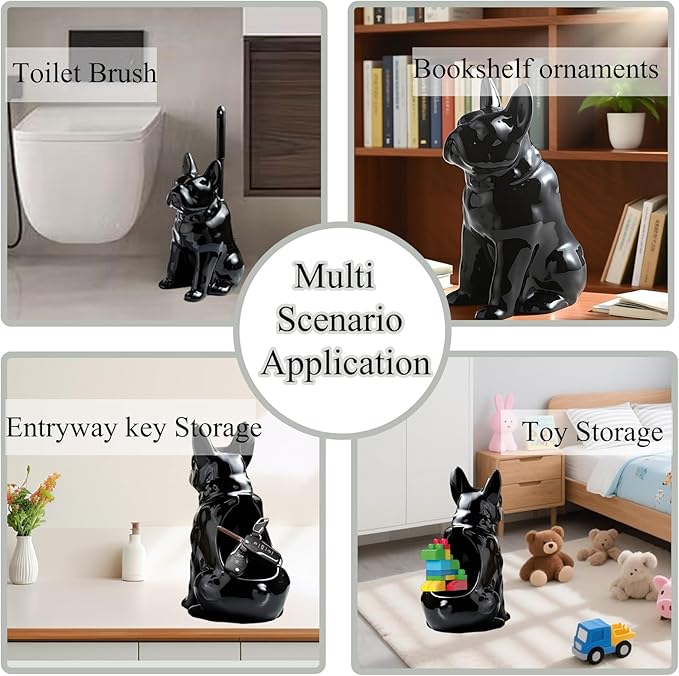 2026 Ceramic Dog Toilet Brush Holder Set, French Bulldog Design with 2PCS Durable Plastic Brush, Modern Bathroom Accessories (Black)