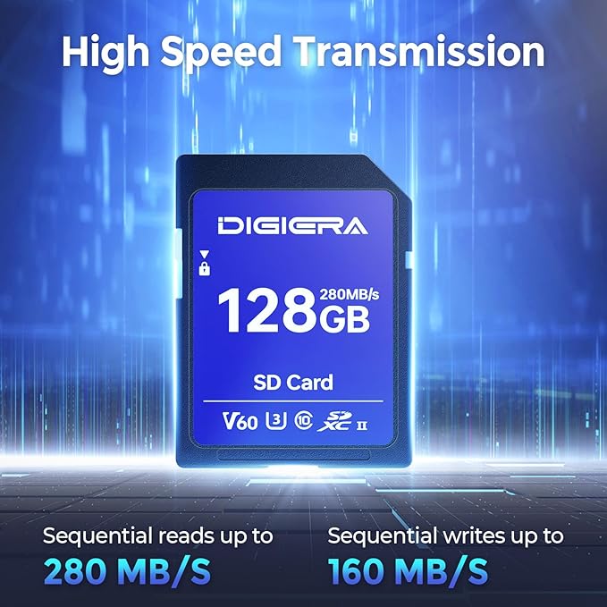 DIGIERA 128GB LSU100 SDXC UHS-II Memory Card - up to 280MB/s, C10, U3, V60, 6K, SD Card for Computers, Digital Cameras, Home Theatre Devices, Car Navigation Systems (1 Pack)