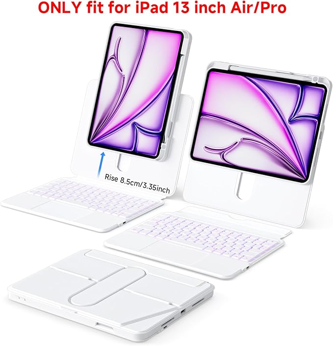 Tiaota Keyboard Case for iPad Air 13-inch (M2 & M3, 2024 & 2025) and iPad Pro 12.9-inch (3–6 Gen) with Multi-Touch Trackpad, 360° Rotating Stand, Portrait & Raised Modes, Detachable Cover – White