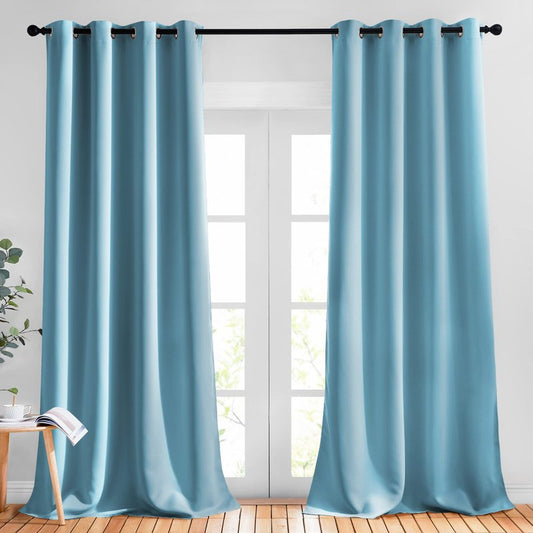 NICETOWN Living Room Blackout Curtains - Window Treatment Thermal Insulated Solid Grommet Blackout Panels/Drapes for Nursery (Teal Blue=Light Blue, Set of 2 Panels, 52 by 95 Inch)