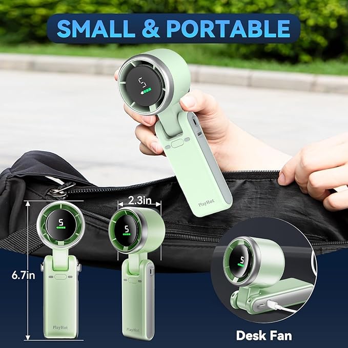 PlayHot Portable Handheld Turbo Fan, 5-Speed Personal Fan, USB-C Rechargeable Fan Up to 12 Hours, 3 IN 1 Hand Fan with Air Turbo Tech Cooling, Travel Fan for Cruise, Beach, Gifts for Women (Green)