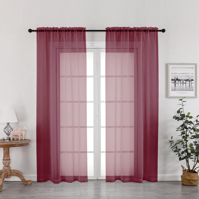 OWENIE Burgundy Red Sheer Curtains 72 Inches Long 2 Panels Set, Transparent Voile Sheer Curtain Rod Pocket Gauze Drapes for Living Room Bedroom Window Sliding Glass Door Treatment, Each 42 x 72 Inch