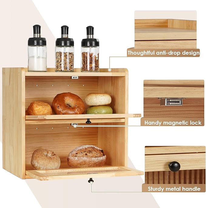 Sunhoo Bread Box for Kitchen Countertop Wooden Bread Storage Container Bin 2 Layer Breadbox Holder Large Capacity Keeper Vintage Farmhouse Food Organizer Pantry Shelf Acrylic Windowï¼Wood colorï¼