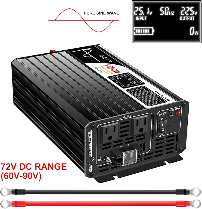 Xijia 1500W Power Inverter, 72V to 120V Pure Sine Wave Inverter for Golf Cart, 3000W Surge Power Converter for EV Systems, Industrial Power & Off-Grid Applications