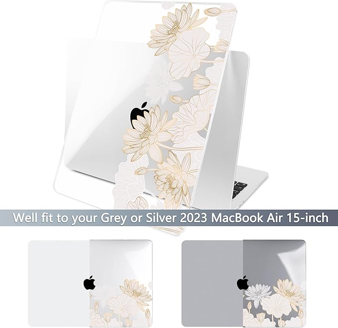 Batianda Premium Case for New MacBook Air 15 inch with M5 M4 M3 M2 Chip 2026 2025 2024 2023 Release, Designed Ultra-Slim Hardshell & Keyboard Cover & Screen Protector 4-in-1 Bundle, Gold Lotus