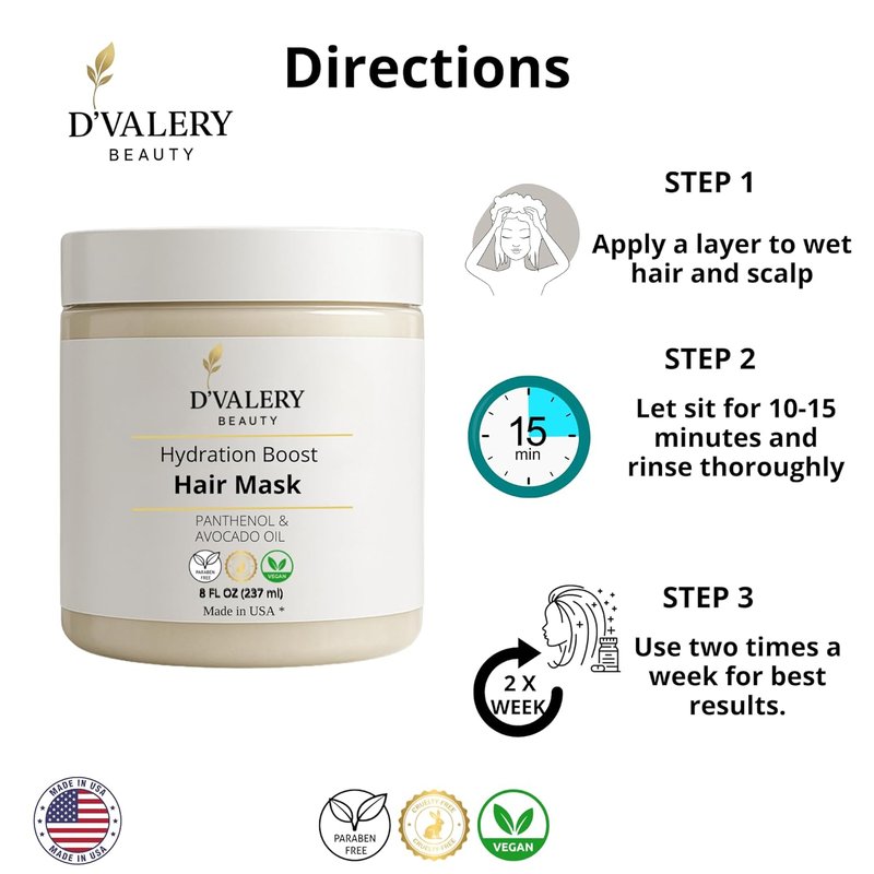 Hydrating Hair Mask - Avocado Oil & Panthenol Deep Conditioning Treatment for Dry, Damaged Hair | 8 oz