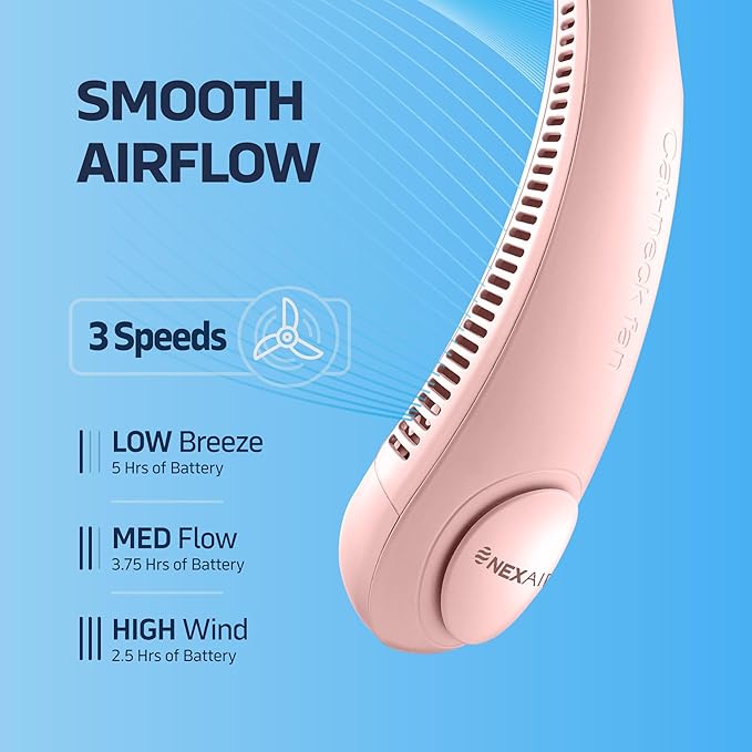 NEXAIR Portable Neck Fan Hands Free Cooling Lightweight Bladeless Neck Fan, 3 Speeds, 2400mAh Battery, 5H Runtime Pink