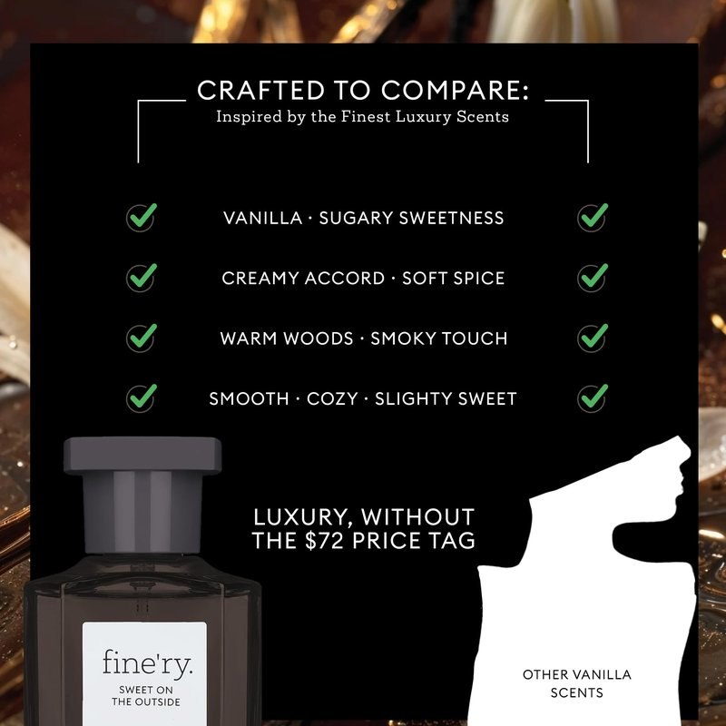 Fine'ry Vanilla Gourmand Sweet on the Outside Eau de Parfum - Long-Lasting Perfume for Women - Vanilla, Cacao Wood & Smoked Vetiver - Warm, Full Size Hair & Body Fragrance, Gift for Her (60mL)