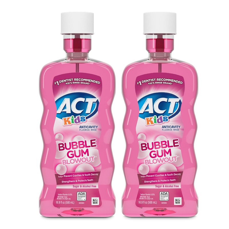 ACT Kids Anticavity Fluoride Mouthwash, Sugar & Alcohol Free Mouth Rinse Strengthens Teeth, Bubble Gum Blowout, 16.9 fl. oz., 2pk