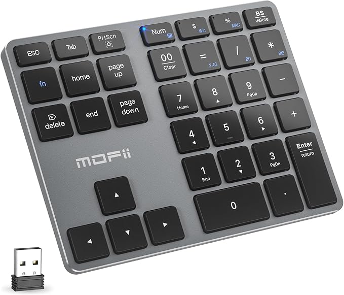 MOFII Number Pad for Laptop - Bluetooth Gray Wireless Numeric Keypad 35 Keys USB-C Rechargeable Numpad, Accounting Portable Financial Data 10 Key for Laptop/PC/Desktop/Notebook/Surface Pro