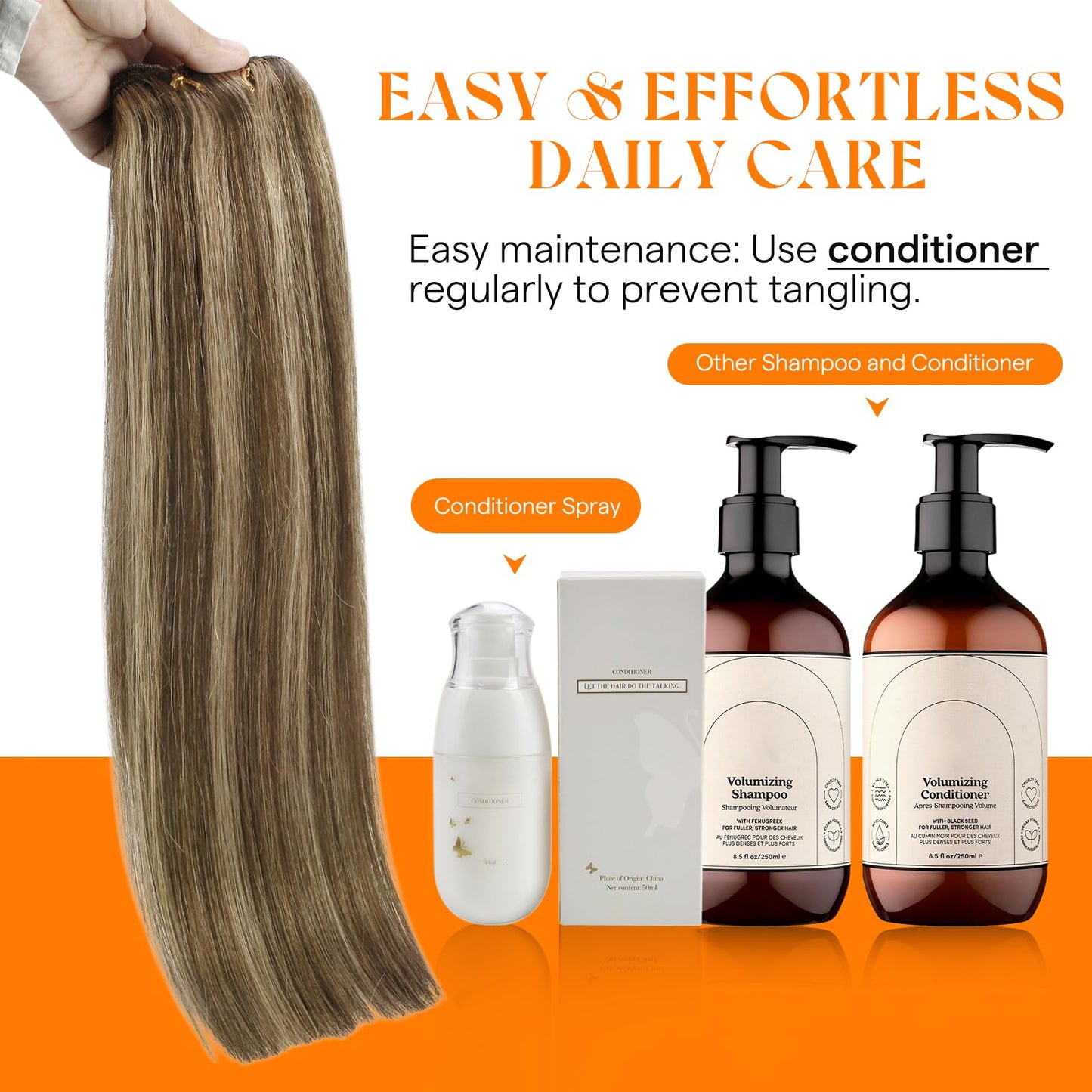 Sunny Hair Sew in Hair Extensions Real Human Hair 100G Highlights Long Hand-Tied Weft Bundles 18 Inch Dark Brown Mix Caramel Blonde Add Volume Can be Styled Natural Look