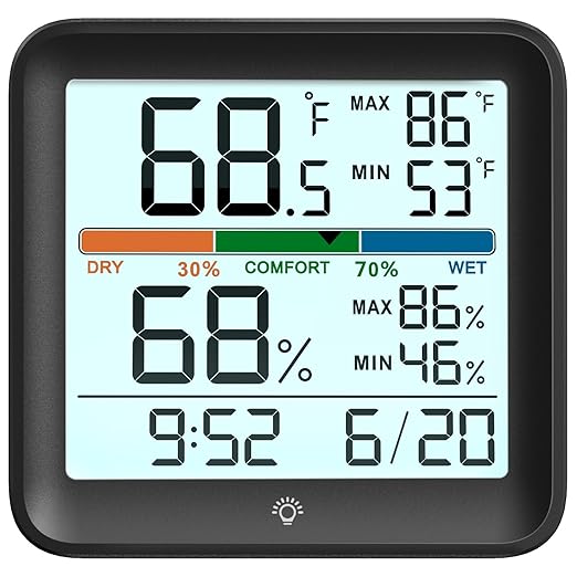 MeesMeek Indoor Thermometer Room Temperature Home Hygrometer Humidity Gauge, Accurate Calibration, Backlight, Air Comfort Indicator, Max Min Records, Time, Date (1, Black, 3.6" W x 3.4" H)