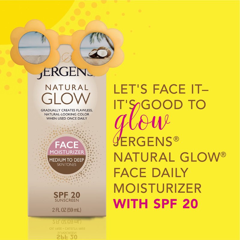 Jergens Natural Glow Self Tanner Face Moisturizer with SPF 20 Facial Sunscreen, Medium to Deep Skin Tone, Sunless Tanning, Oil Free, Broad Spectrum Protection UVA and UVB, 2 oz (Packaging May Vary)