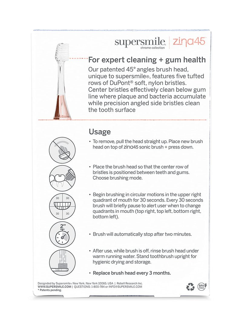 Supersmile Zina45 Replacement Brush Heads, 2 Count, Rose Gold, Patented 45° Angled Toothbrush Replacement Heads with Dupont® Bristles, Fits Zina45 Sonic Toothbrush