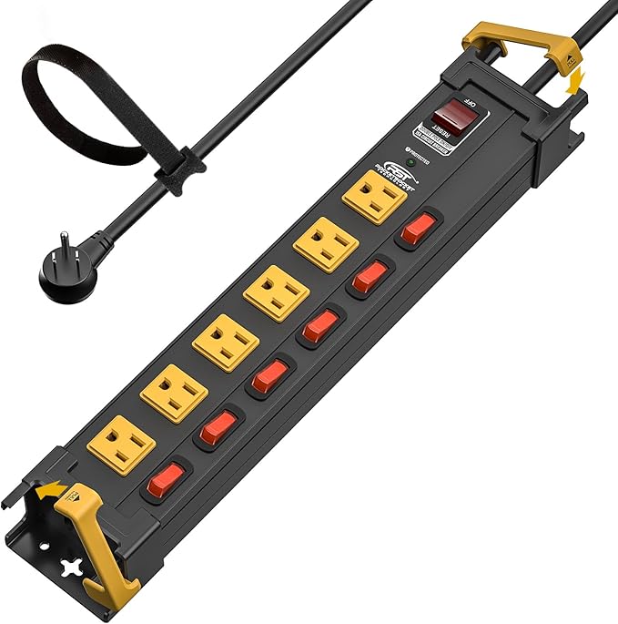 CRST 6-Outlet Heavy Duty Metal Power Strip with Individual Switches, 15A/1875W Wide-Spaced for Bulky Plugs, 6FT Cord with Cable Management, 1020J Surge Protector for Garage, Workshop, Home