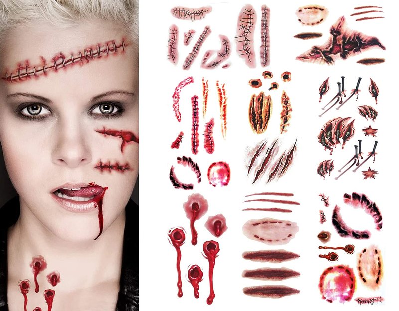YUERWOVER 9 Sheet Body Face Temporary Tattoos Realistic Fake Wound Stitch Scar Scab Waterproof Horror Sticker Halloween Fool's Day Zombie Masquerade Prank Makeup Props for Kids Adult