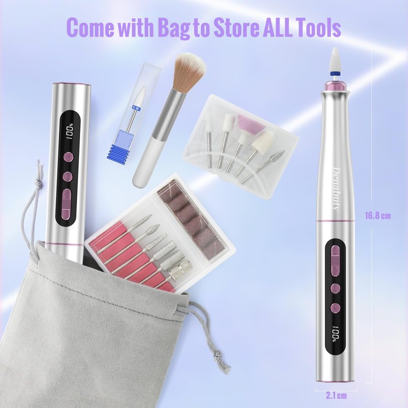 Denabuty Cordless Electric Nail Drill Machine, 13 in 1 Nail File Kit 35000RPM Professional Portable Rechargeable E File for Acrylic Polish Gel Removal Manicure Pedicure Set with 5 Speeds Violet
