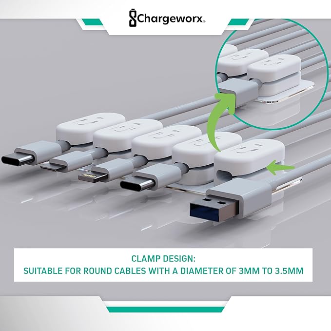 CHARGEWORX Magnetic Cable Clips 20-Pack – Adhesive Cord Organizer for Desk, Wall, Nightstand & Car – Magnetic Cable Holder for USB-C, Lightning, HDMI & Charging Cables – Cable Management Clips