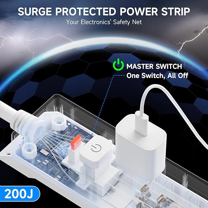 15 Ft Power Strip Surge Protector with USB Ports, Flat Plug Extension Cord, 5 AC Outlets and 3 USB Charging Ports, Wall Mountable for Home, Office, Dorm