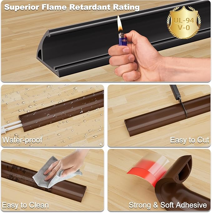 Kneelisa 4FT Side-Open Extension Cord Covers for Wires on Floor,Silicone Power Cable Protector Cord Hider Management Strip,Hide Electric Wire on Carpet,Chord Runner Protective Safety,Brown