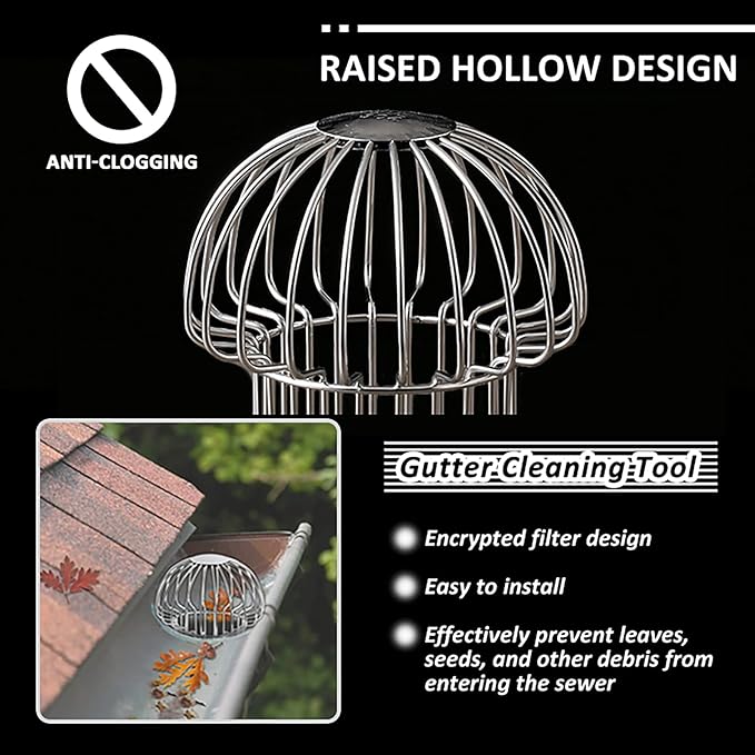 Gutter Guard 304 Stainless Steel Outdoor Roof Drain Anti-Blocking Line Cap, Mushroom Type Drainage Gutter Guard Filter, Gutter Cleaning Tool, for Stops Leaves Seeds and Other Debris,2in ï¼4pcsï¼