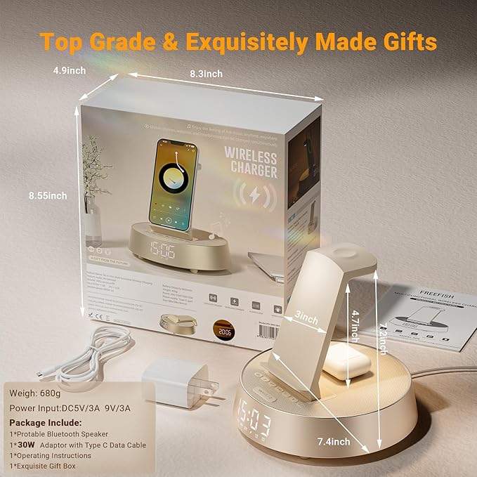 Alarm Clock with Wireless Charging Station, Clock for Bedroom with Dimmable Night Light Bluetooth Speaker, Wireless Charger Dock Station for iPhone 16 15 14 13 12 11 Pro Max, Apple Watch
