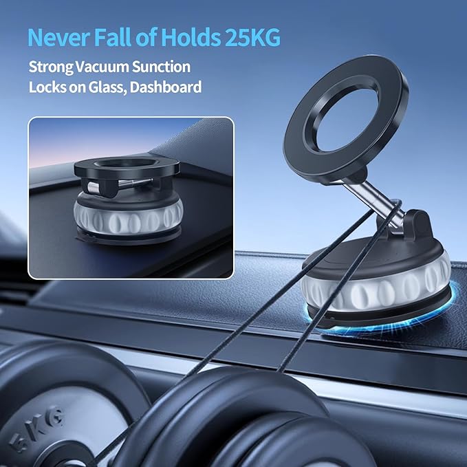 BomSaluka Vacuum Suction Magnetic Phone Holder, 2025 Upgraded Foldable Retractable Magnet Suction Cup Phone Mount for Car, 360° Adjustable Magnetic Phone Stand for Cars/Gyms/Mirrors/Smooth Surface