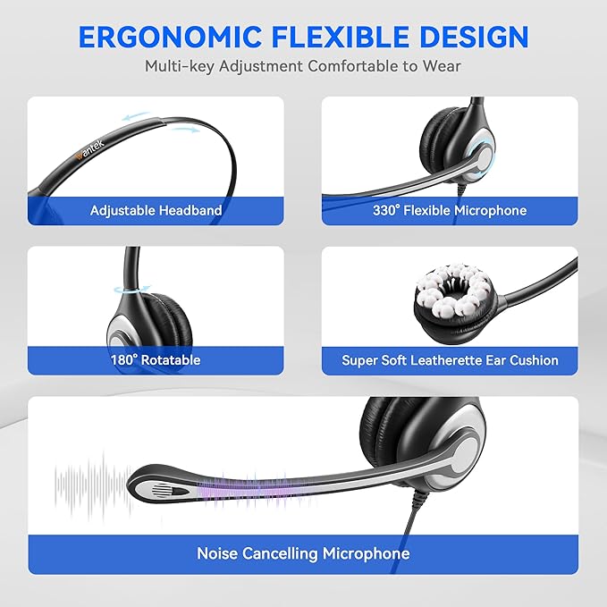 Wantek 3-in-1 USB/3.5mm/Type-C Headset with Noise Canceling Mic, Mono Computer Headphones with in-Line Controls for PC, Laptop, Office
