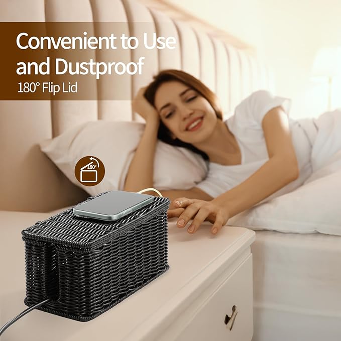 Delamu Handwoven Rattan Small Cable Management Box, Cord Organizer with 2 Open Slots, Desk Cord Hider Box for Computer Router USB Hub Power Strip, 12.5" Lx 5.1" Wx 5.1" H, Black