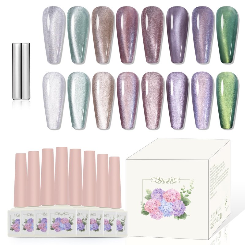 ADHERE 12ml 8pcs Magnetic Cat Eye Gel Nail Polish Kit with Magnetic Stick - Blue Purple Green Mint Silver White Glitter Shining Nail Gel Polish Magnetic Gel Nail Varnish Gel Gift for Women