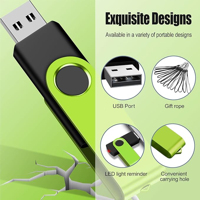 EASTBULL USB Flash Drive Bulk 2GB 20 Pack with Lanyards USB 2.0 Thumb Drive Bulk Memory Stick Swivel Pen Drive for Storage and Backup 2GB 20 Pack, Green