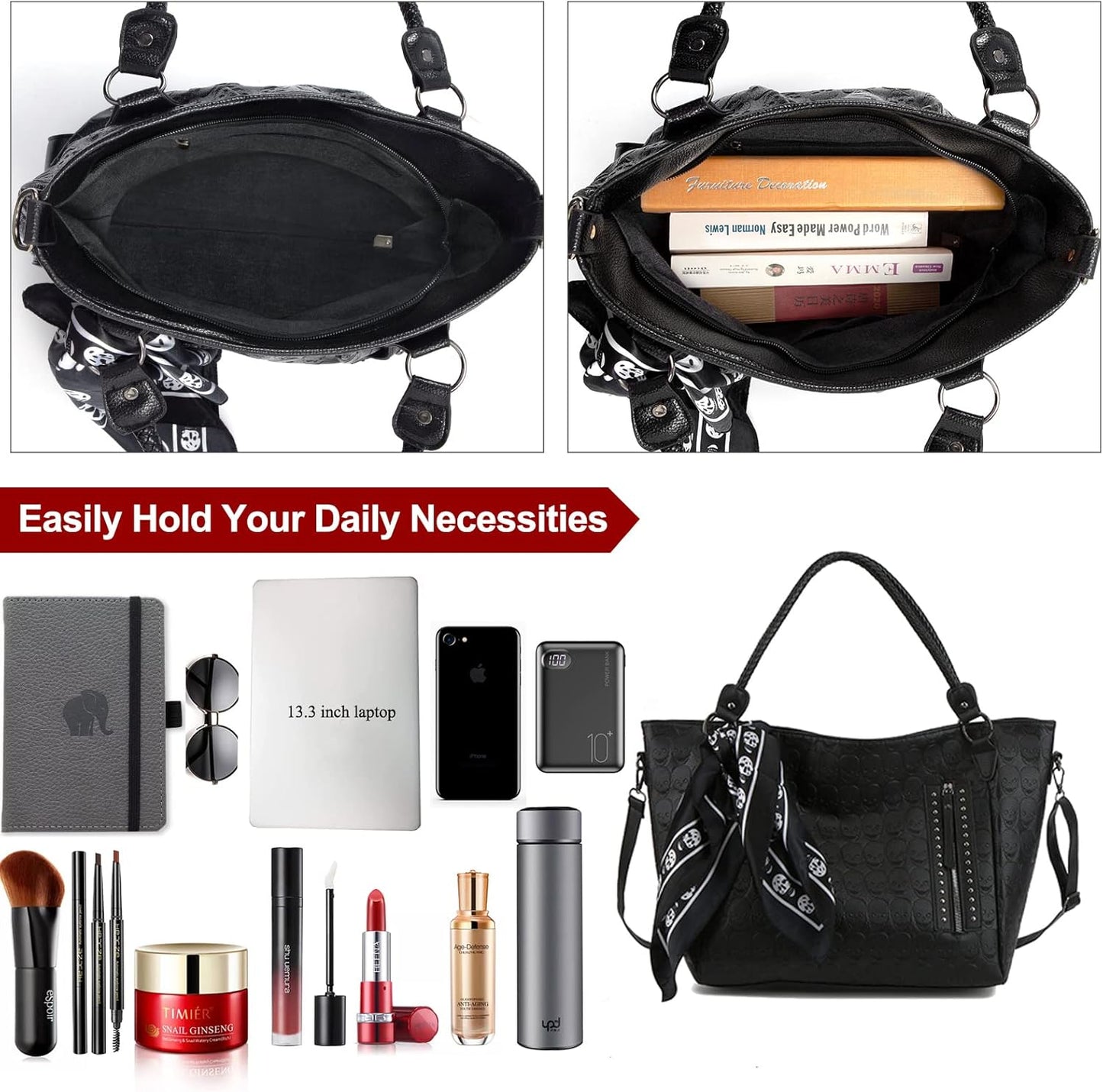 Zuoge Women’s Skull Tote Bag - Studded PU Leather Handbag with Purse & Scarf Set (3 Pieces)