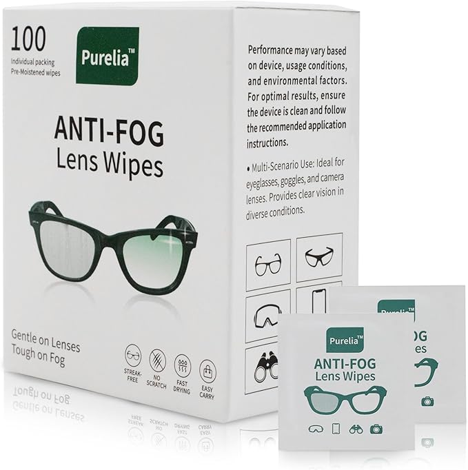 PureliaAnti-Fog Lens Wipes, 100 Count | Pre-Moistened Individually Wrapped Lens Care Cloths for Eyeglasses, Goggles, Camera Lenses & Screens