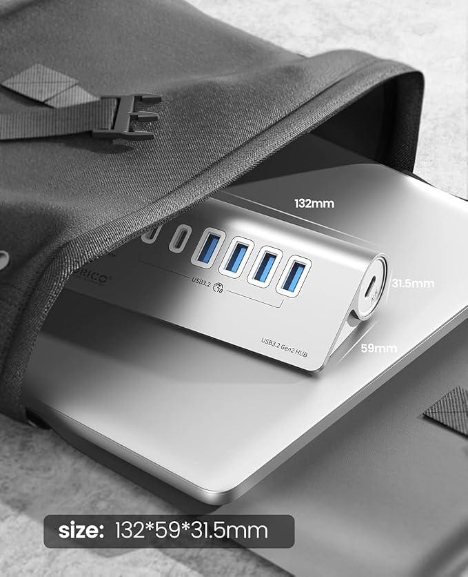ORICO 7-Port USB 3.2 Gen2 Hub, Powered USB 3.2 Hub with 4 USB-A, 2 USB-C, PD 60W, 72W Power Adapter, 10Gbps Aluminium USB-Splitter with 3.28Ft USB-C to USB-C Cable for iMac, MacBooks, Mac mini