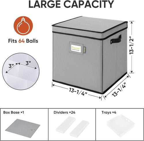 BALEINE Christmas Ornament Storage Box - Premium Holiday Container with Dividers for 64 Balls | Grey